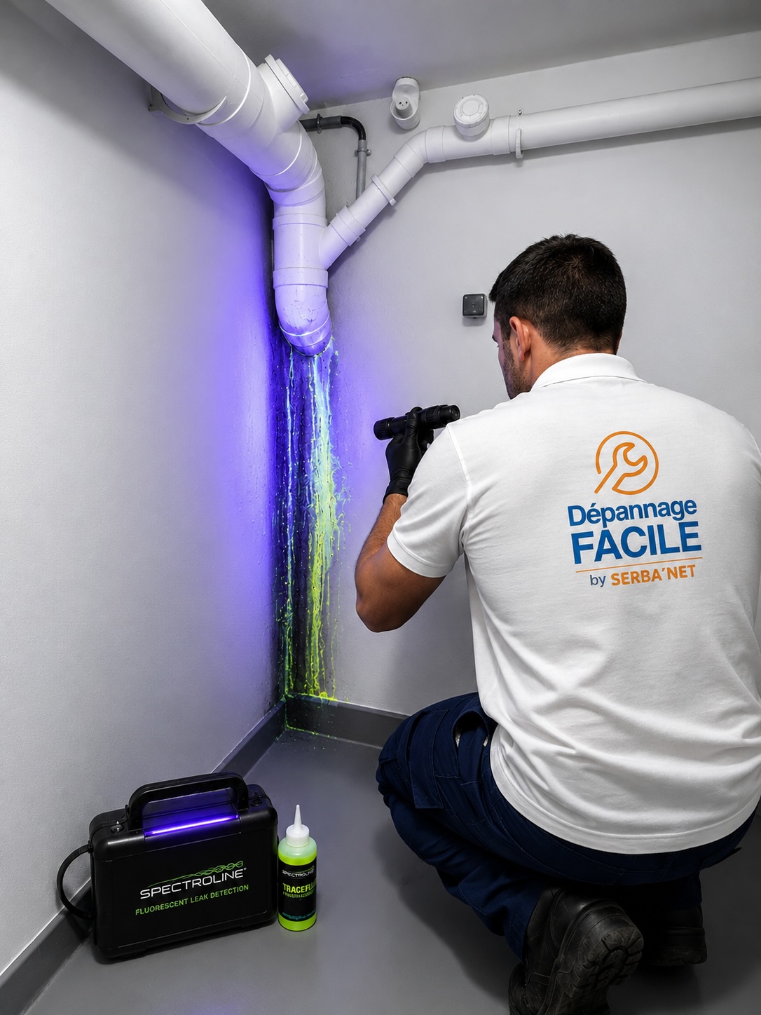 Technicien Dépannage Facile effectuant une recherche de fuite par traceur fluorescent et lampe UV à Rueil-Malmaison