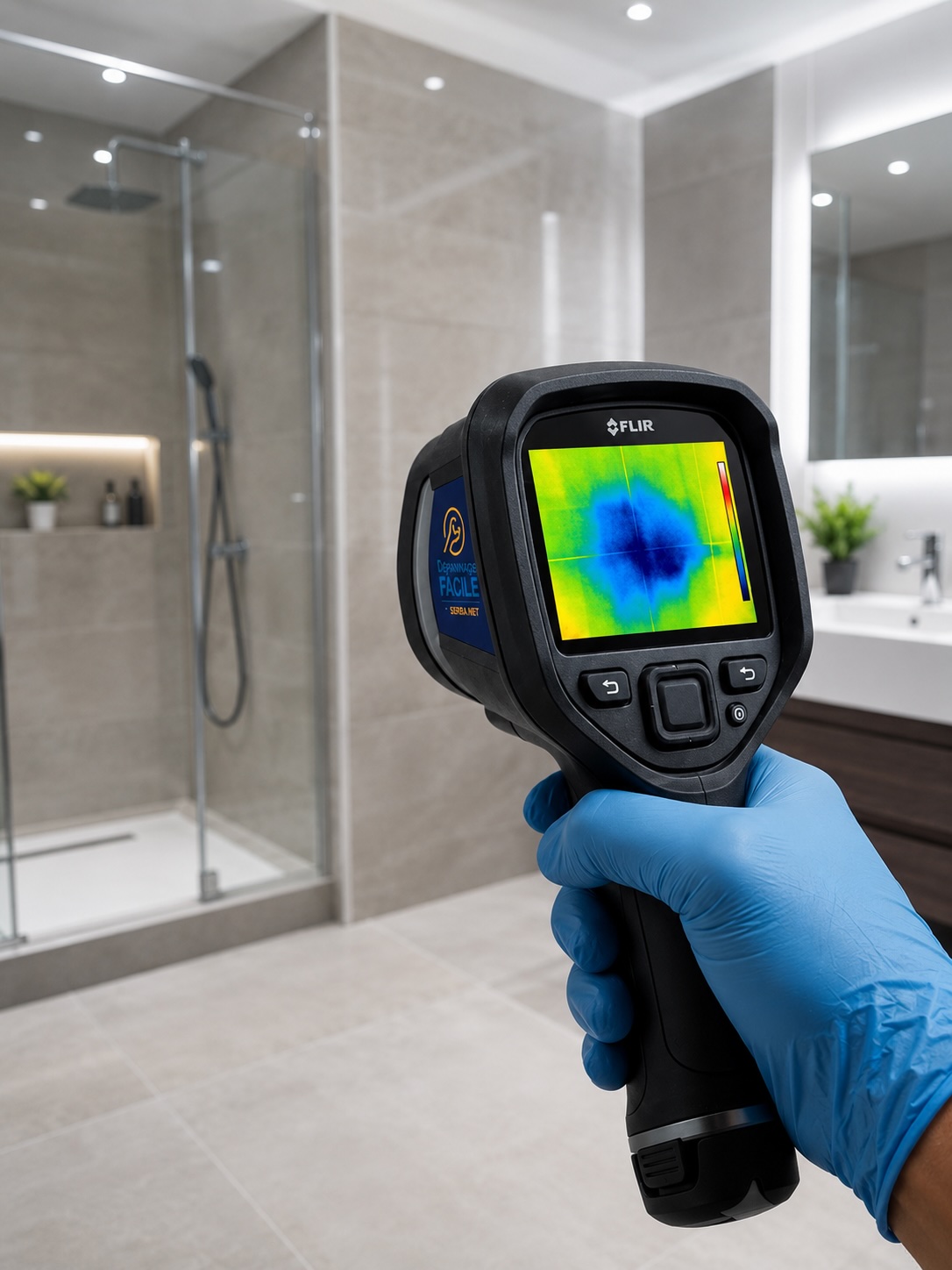 Technicien Dépannage Facile utilisant une caméra thermique pour la recherche de fuite d'eau non destructive dans une salle de bain à Rueil-Malmaison.