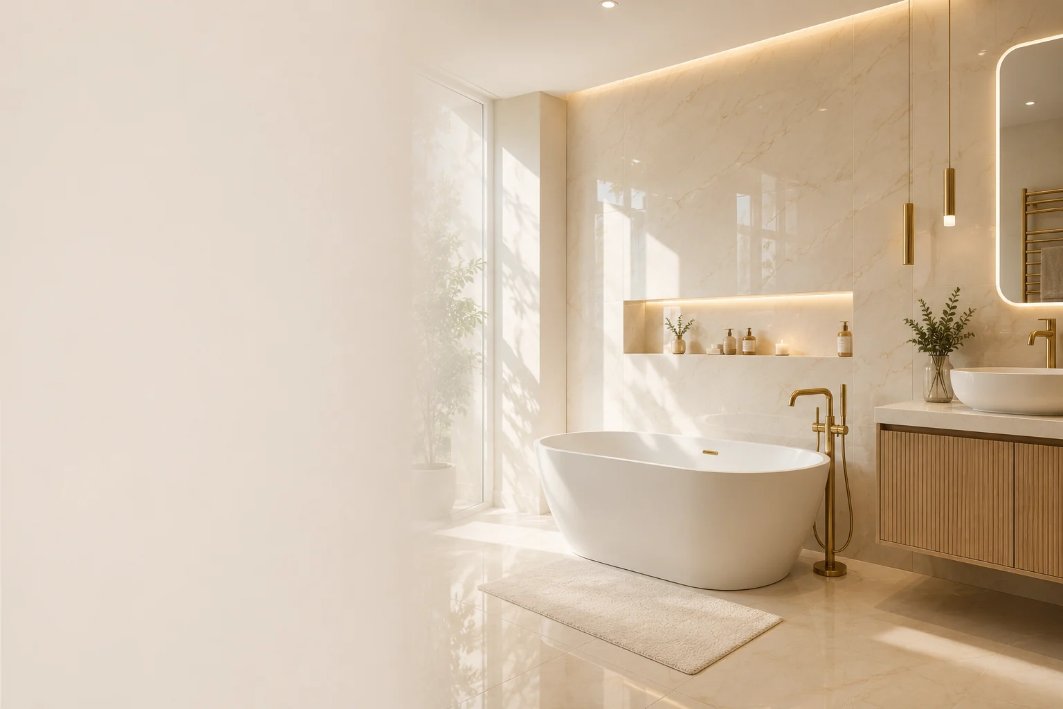 Baignoire moderne avec robinetterie dorée à Rueil-Malmaison