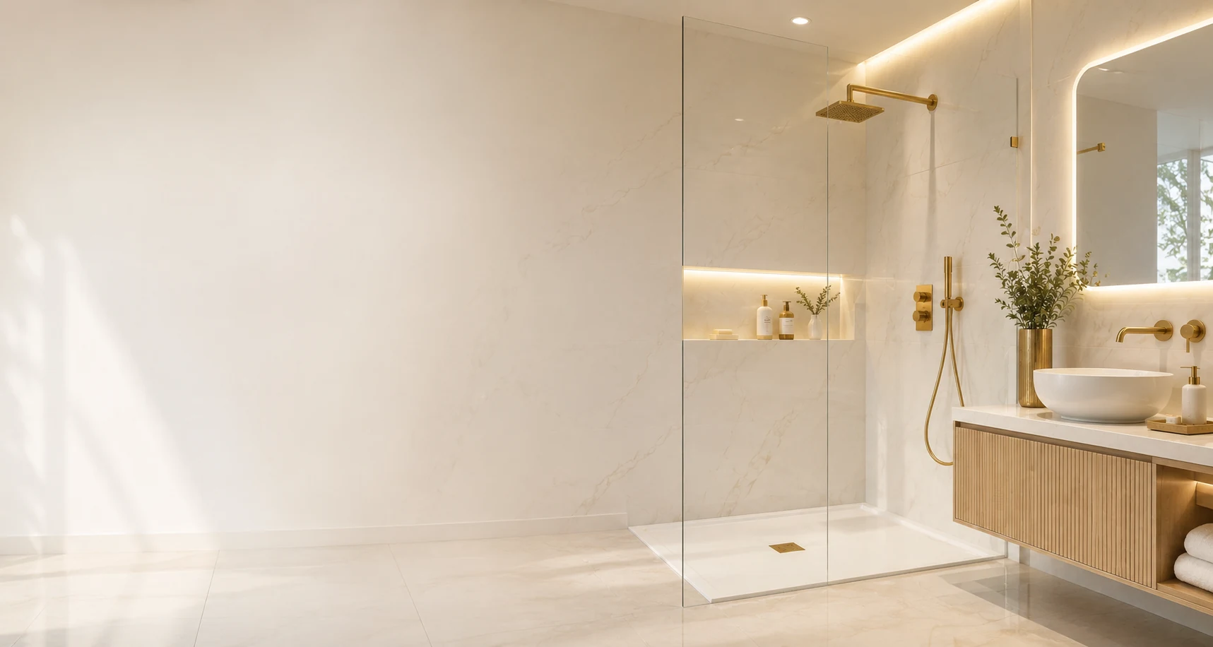 Douche moderne avec paroi en verre et robinetterie dorée à Rueil-Malmaison